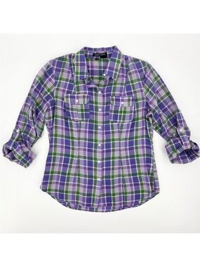 Sandra Ingrish Lightweight Cotton Plaid Roll-Tab Sleeve Button Down Shirt